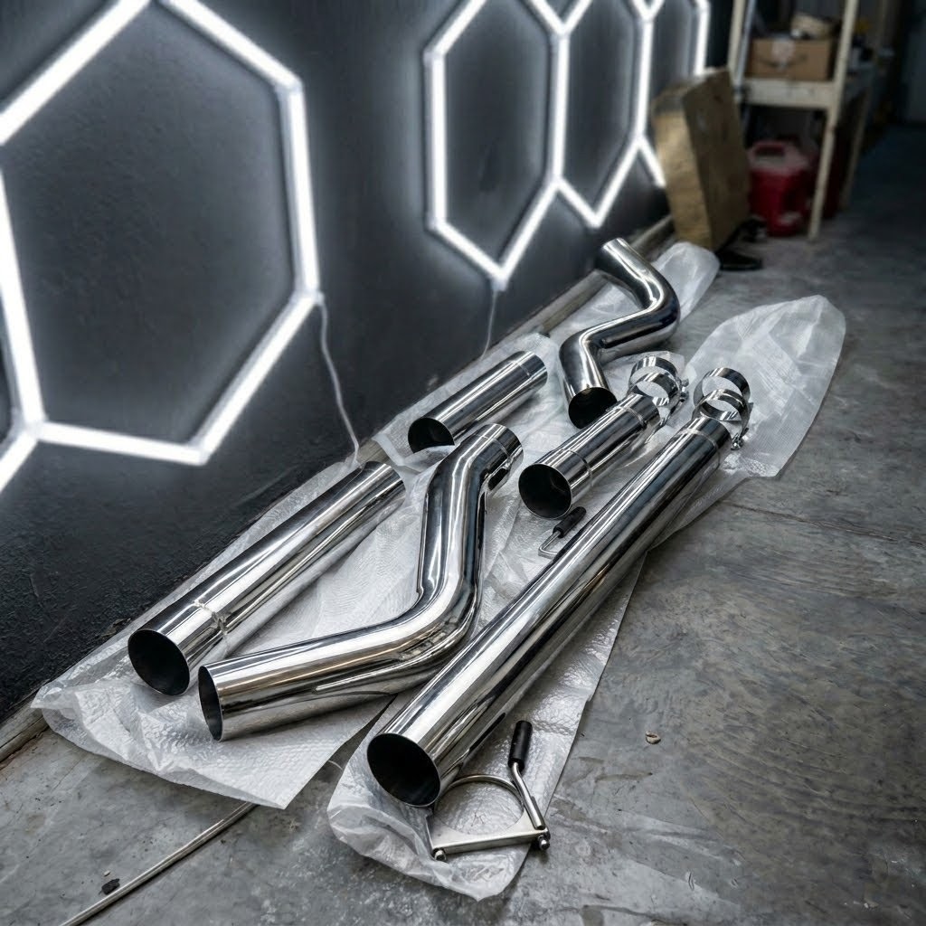 Polished stainless diesel exhaust pipes laid out in front of white hex lights