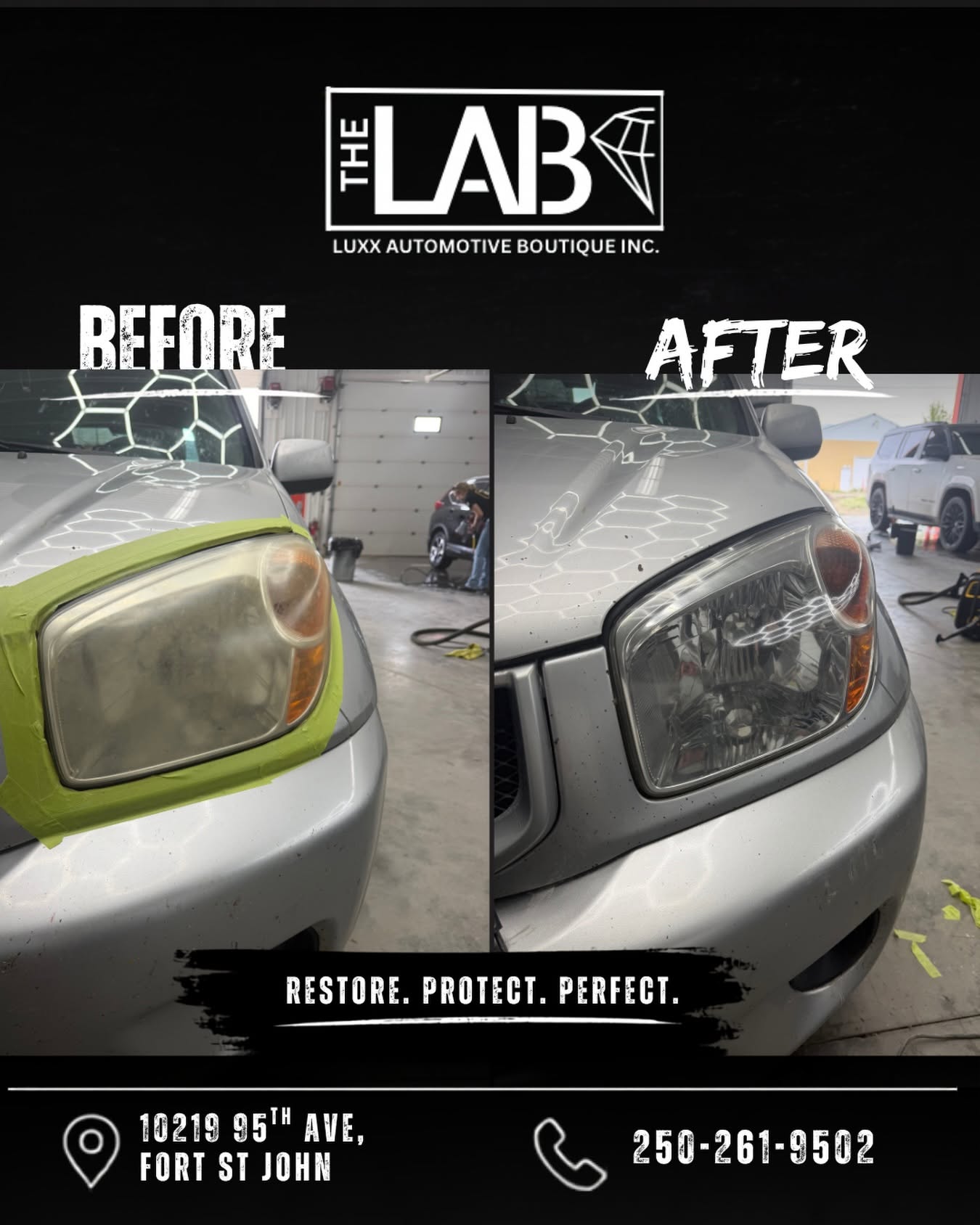 Before and after of a yellowed, hazy headlight restored to clear at THE LAB